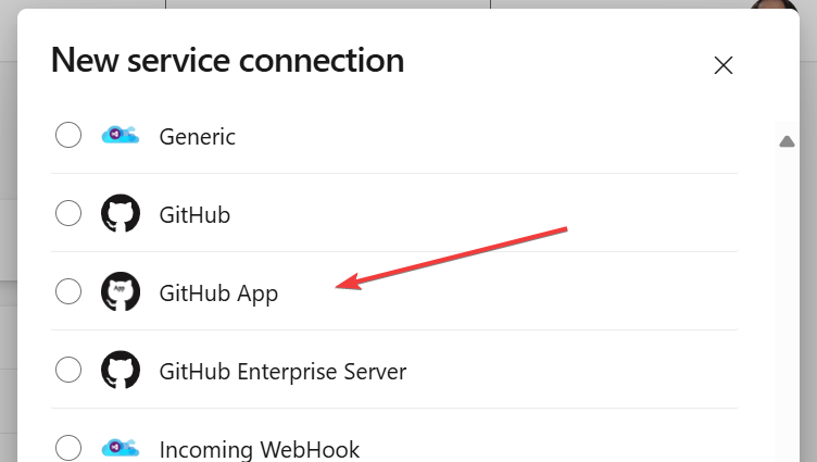 Azure DevOps new service connection dialog showing different connection types including Generic, GitHub, GitHub App (highlighted with red arrow), GitHub Enterprise Server, and Incoming WebHook options.