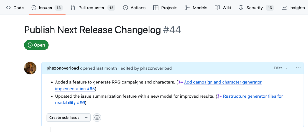 A pull request named Publish Next Release Changelog. The description has two bullet list items - each one describing a change in 8-12 words with a link to the merged pull request.