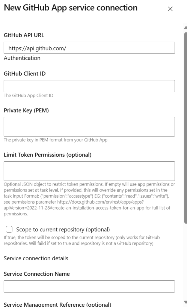 Azure DevOps service connection configuration form for custom GitHub App authentication, showing fields for GitHub API URL, Client ID, Private Key, Token Permissions, and Service Connection Name.