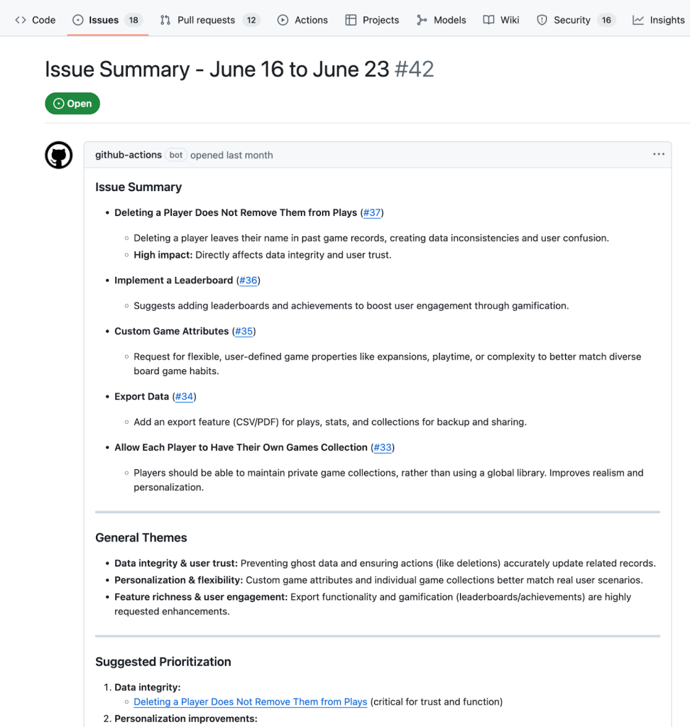 An issue with the title "Issue Summary - June 16 to June 23". It has three sections - an issue summary which details and links each issue that has been opened, general themes which contains three groupings for the issues, and suggested prioritization. The top issue is on data integrity - issue 37.