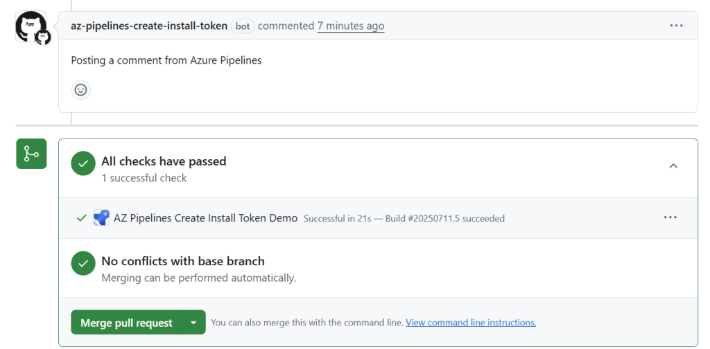 Screenshot of a GitHub pull request snippet showing an Azure Pipelines Status check, and comment that reads 'Posting a comment from Azure Pipelines' written by our pipeline.