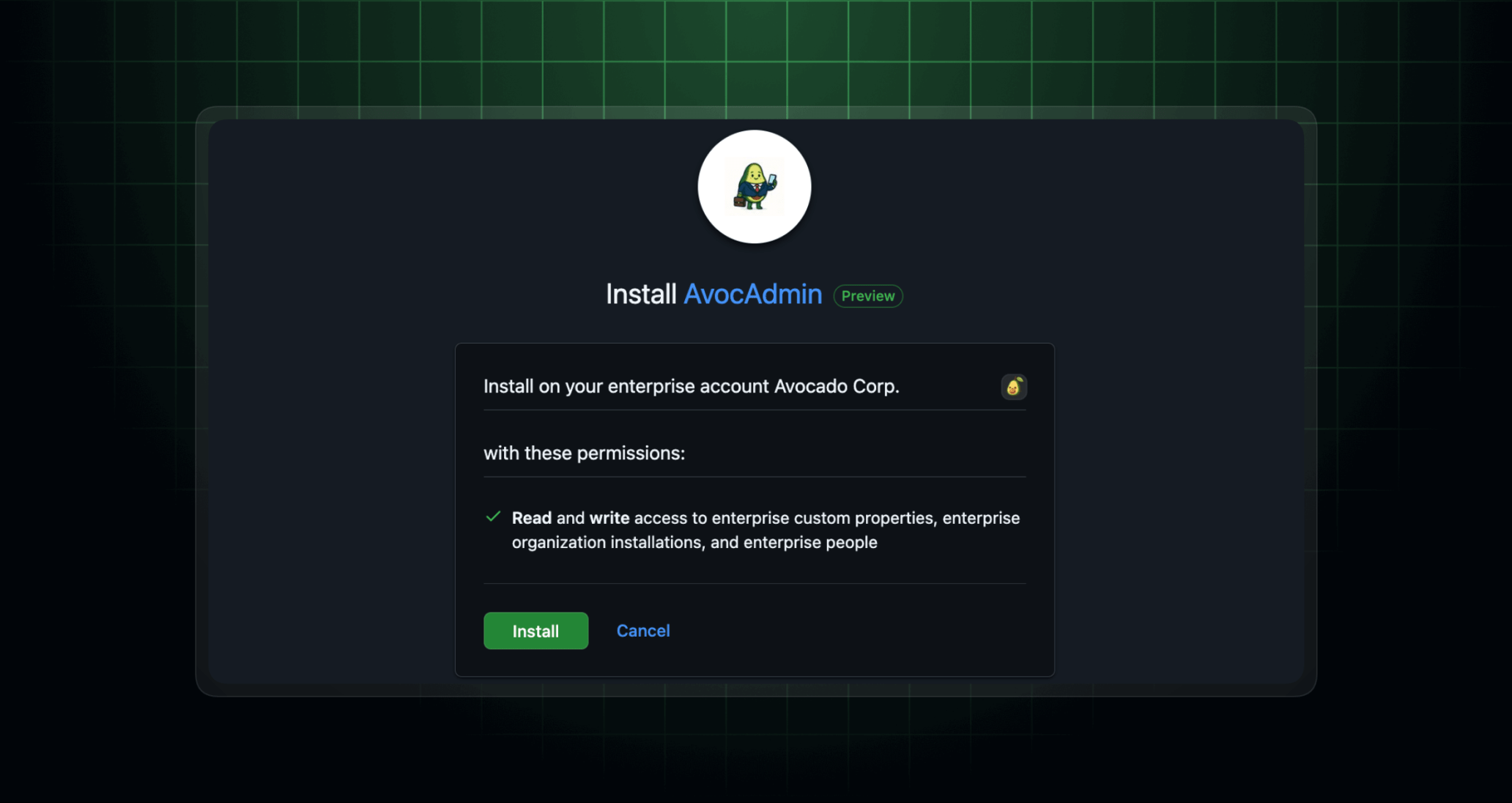 A consent screen showing an app being installed into an enterprise