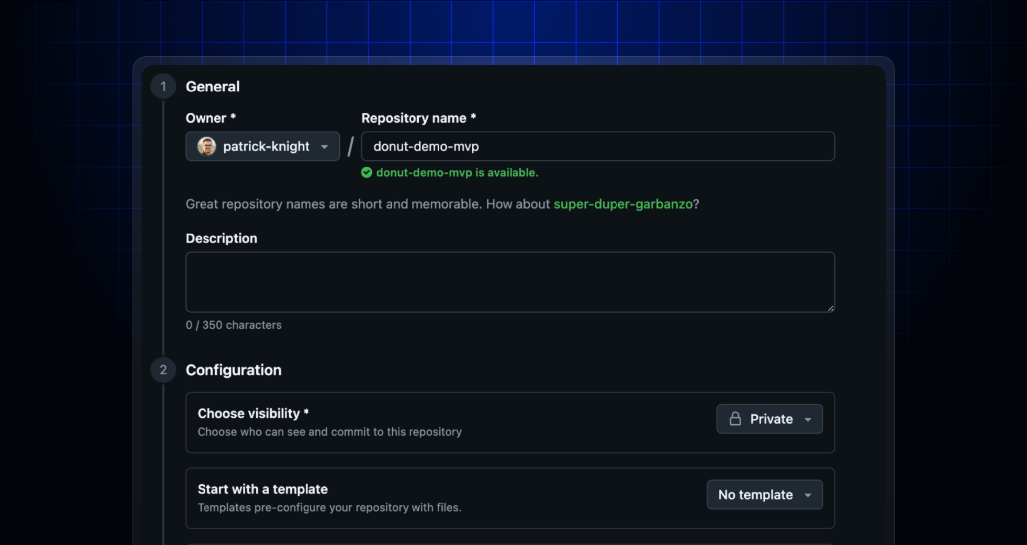 Screen shot showing the new repository creation form overtop of a blue grid backgroun.