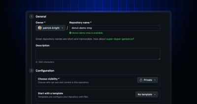 Screen shot showing the new repository creation form overtop of a blue grid backgroun.