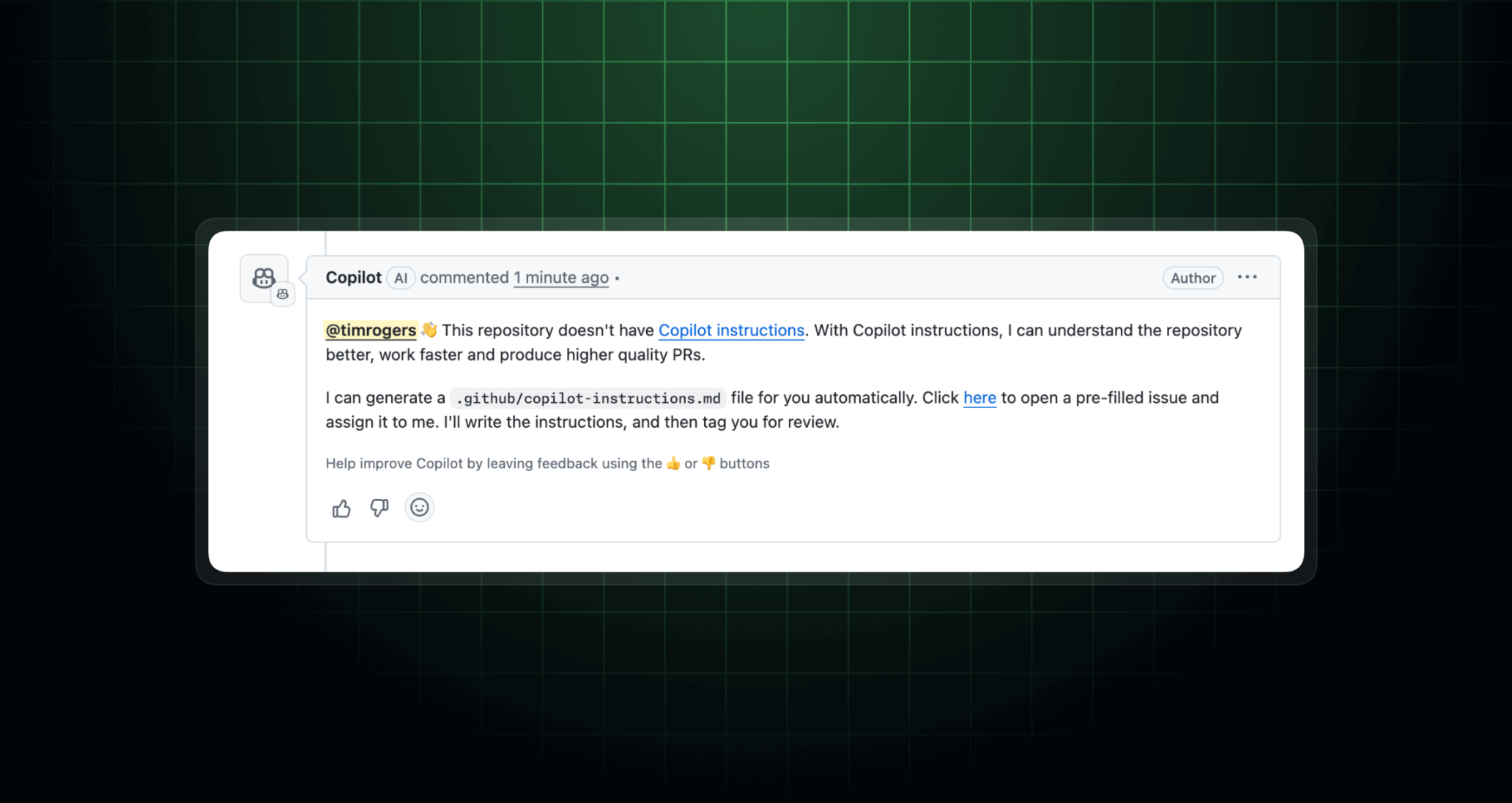 A screenshot of a comment from Copilot offering to generate custom instructions for a repository