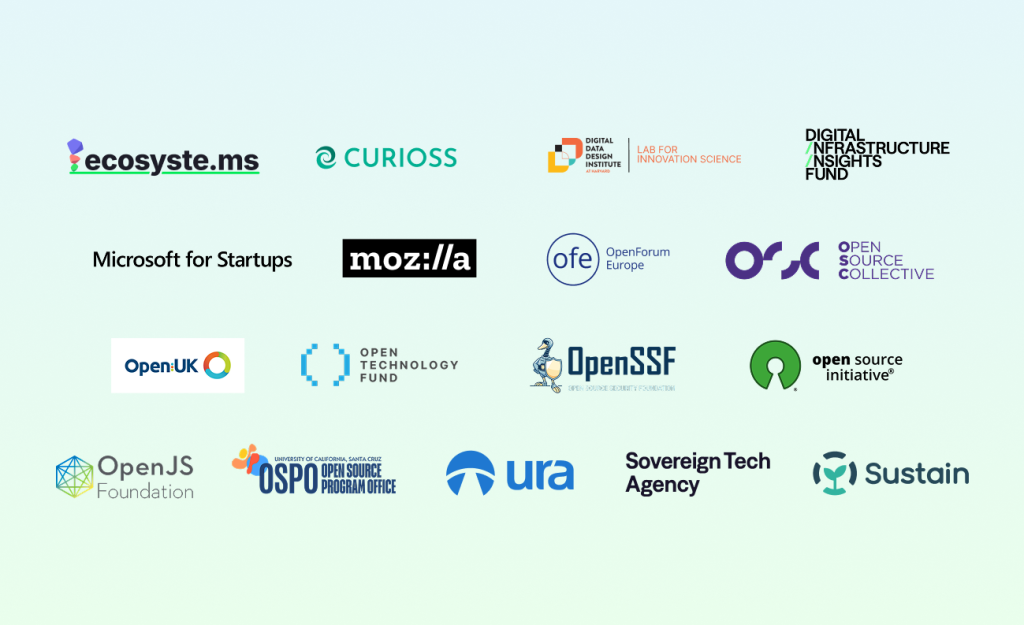 A slide showingthe logos for ecosyste.ms, Curioss, Digital DataDesign Institute, Digital Infrastructure Insights Fund, Microsoft for Startups, Mozilla, OpenForum Europe, Open Source Collective, Open UK, Open Technology Fund, OpenSSF, Open Source Initiative, OpenJS Foundation, Open Source Program Office, ura, Sovereign Tech Agency, and Sustain.