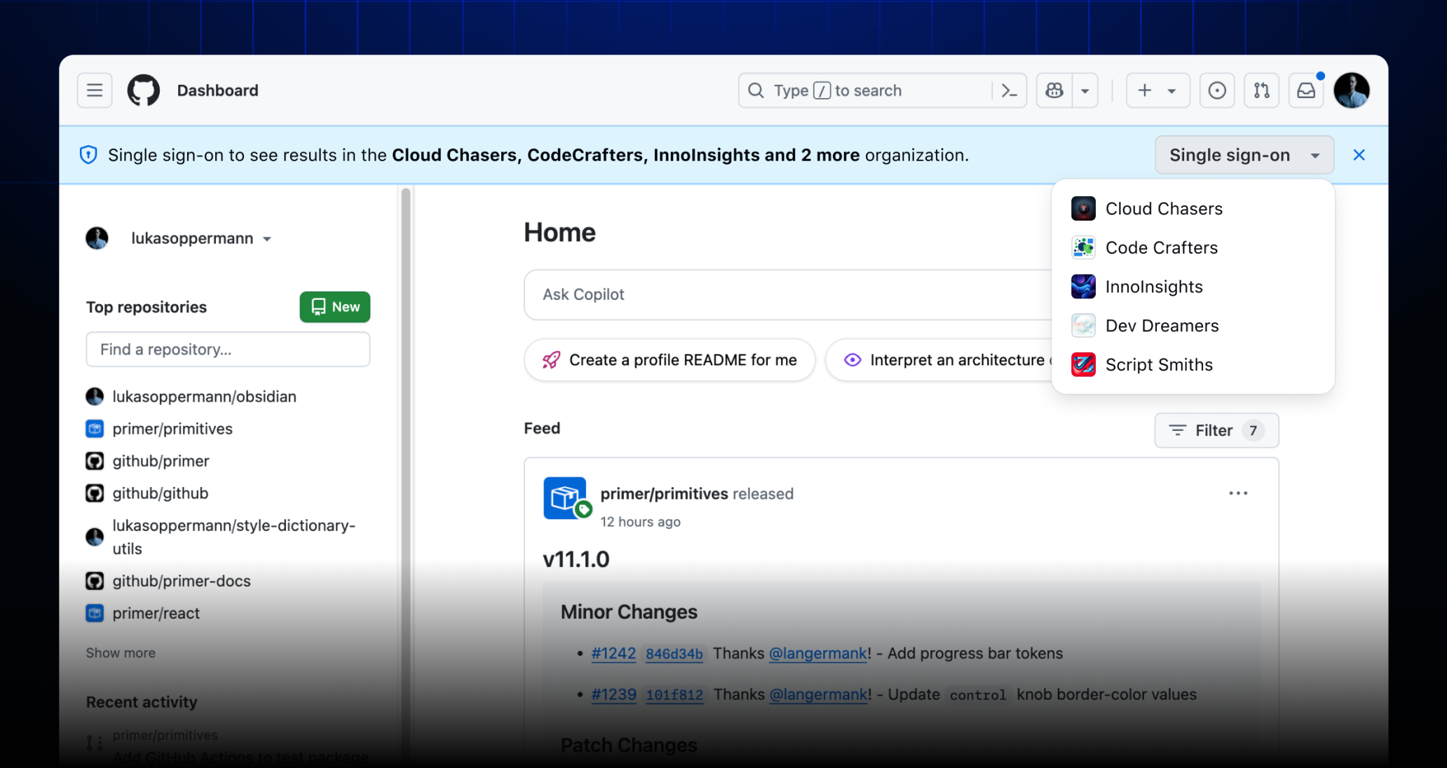 A view of the dashboard with the SSO banner included that has a dropdown menu with several SSO organizations