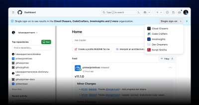 A view of the dashboard with the SSO banner included that has a dropdown menu with several SSO organizations