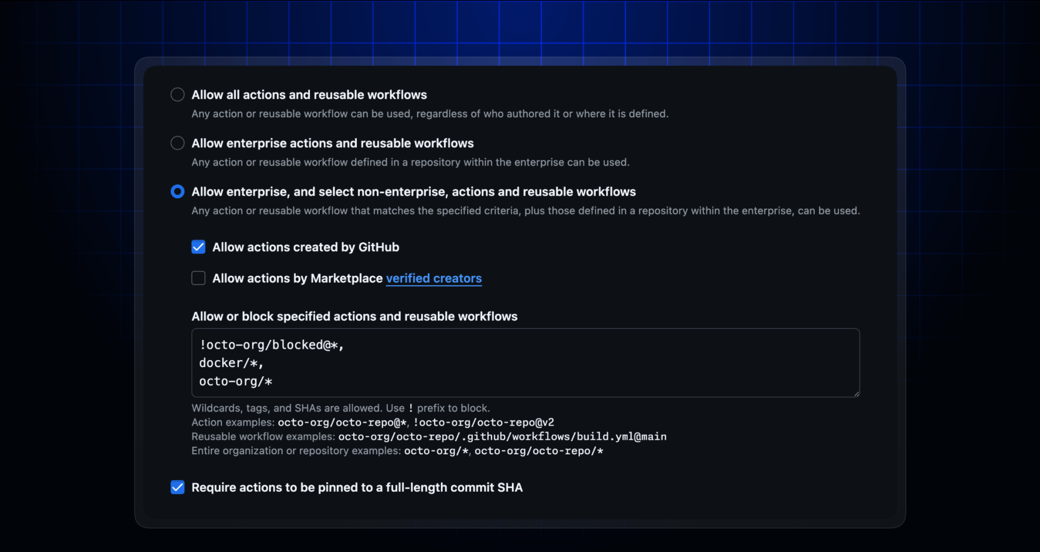 Allowed actions and reusable workflows policy options