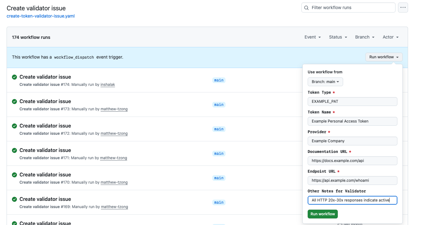 Screenshot of the GitHub Actions “Run workflow” form to create a new validator. Form shows a dropdown for branch, and text fields for Token Type, Token Name, Provider, Documentation URL, Endpoint URL, Other Notes for Validator all with sample input using a PAT from Example.comas demonstration.