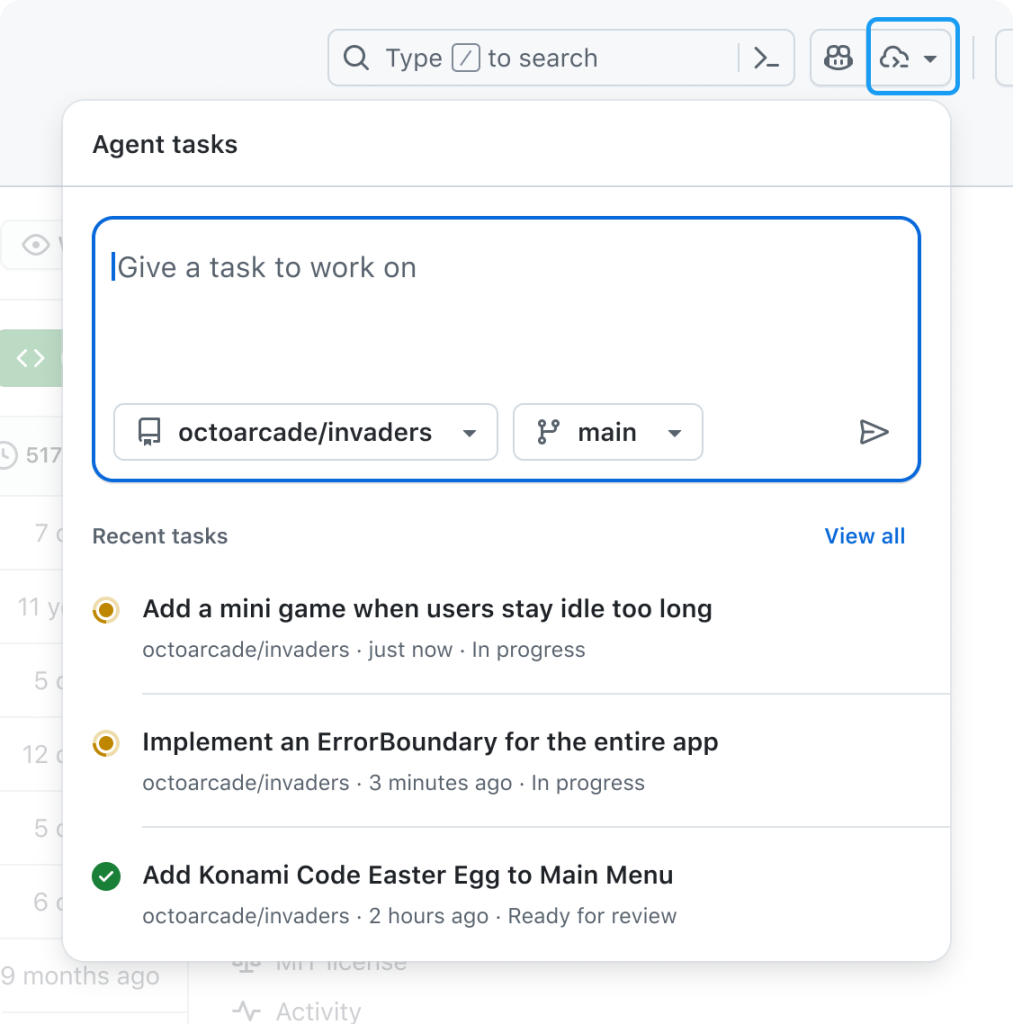 A screenshot of the new Agents panel in GitHub that allows developers to track, manage, and start Copilot coding agent workflows from anywhere on GitHub. This screenshot shows recent tasks that coding agent, an agentic workflow that generates draft pull requests based on requirements set out by a developer, is working on with the option to view all tasks. Developers can also enter a natural language prompt in a box and specify which repository and which branch coding agent should work on.