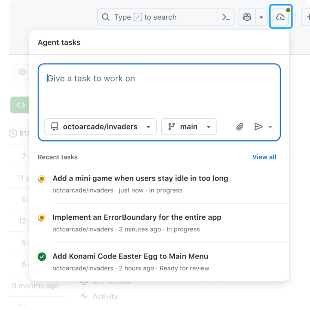 A screenshot of the new Agents panel in GitHub that allows developers to track, manage, and start Copilot coding agent workflows from anywhere on GitHub. This screenshot shows recent tasks that coding agent, an agentic workflow that generates draft pull requests based on requirements set out by a developer, is working on with the option to view all tasks. Developers can also enter a natural language prompt in a box and specify which repository and which branch coding agent should work on.