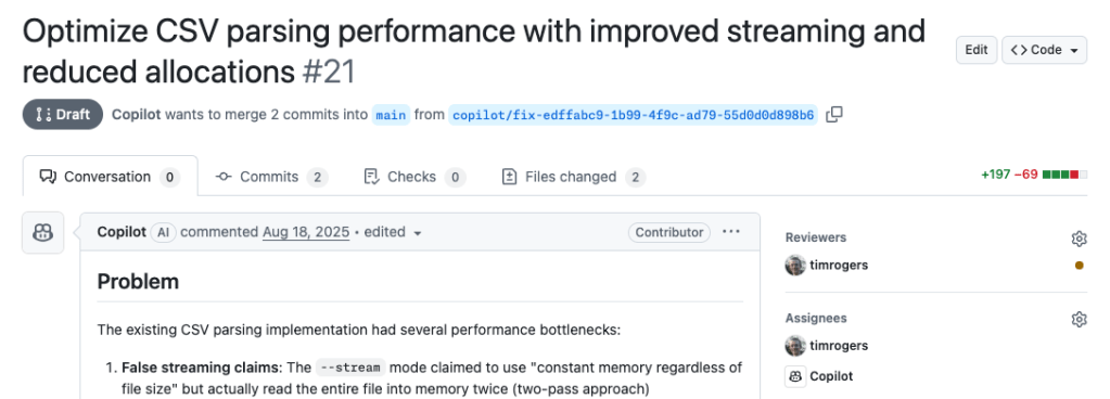 A screenshot of a pull request generated by GitHub Copilot, an AI coding tool, in a GitHub developer workflow. The pull request is a draft awaiting approval and shows a generated summary of the work that has been completed. The screenshot also shows the developer assigned to review the pull request as well as assignees that include a developer and GitHub Copilot.