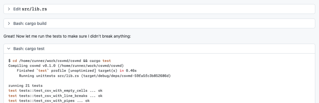 A screenshot showing an ongoing task that GitHub Copilot coding agent, an agentic workflow tool on GitHub, is working on. This screenshot shows GitHub Copilot showing its work, and testing its code outputs to ensure it didn’t break anything.