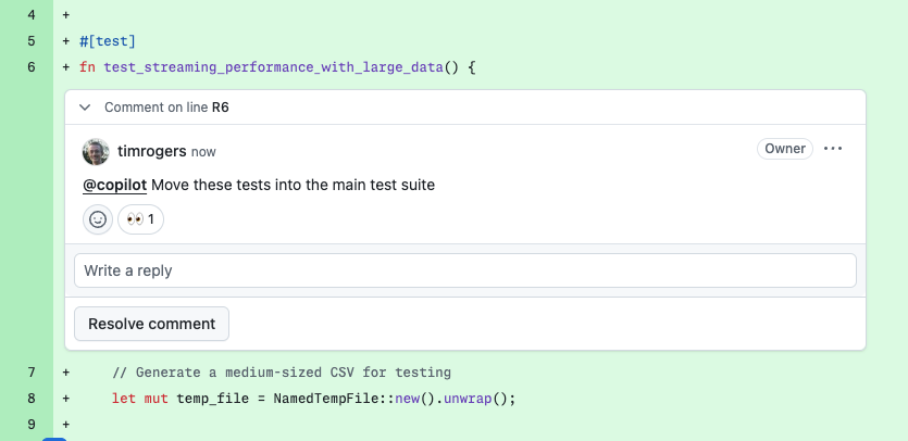 A screenshot showing a developer asking GitHub Copilot to move tests that it generated to the main test suite within a diff view of code outputs from GitHub Copilot coding agent.