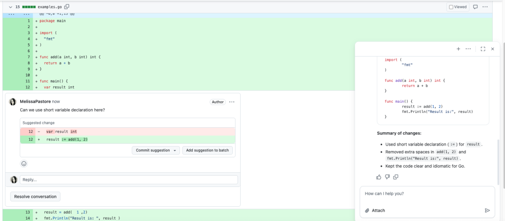 Screenshot of a GitHub pull request for a Go file, suggesting a change to use the short variable declaration “result := add(1, 2)” instead of “var result int”. A Copilot panel on the right summarizes the changes and explains the reasoning behind the suggestion.
