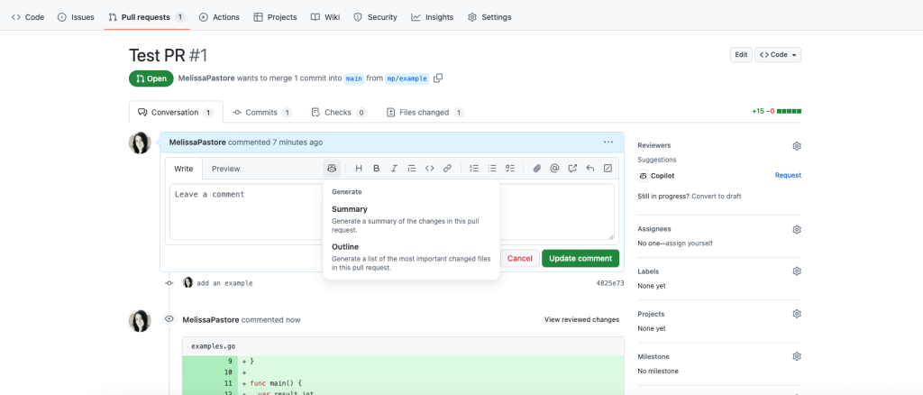 Screenshot of a GitHub pull request page titled "Test PR #1" showing the conversation tab, with a Copilot menu offering options to generate a summary or an outline of the pull request changes.