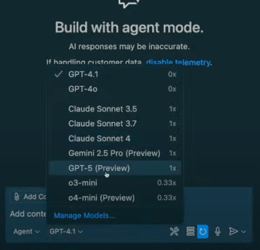 A screenshot showing GPT-5 (Preview) available in the model picker drop-down menu within GitHub Copilot.
