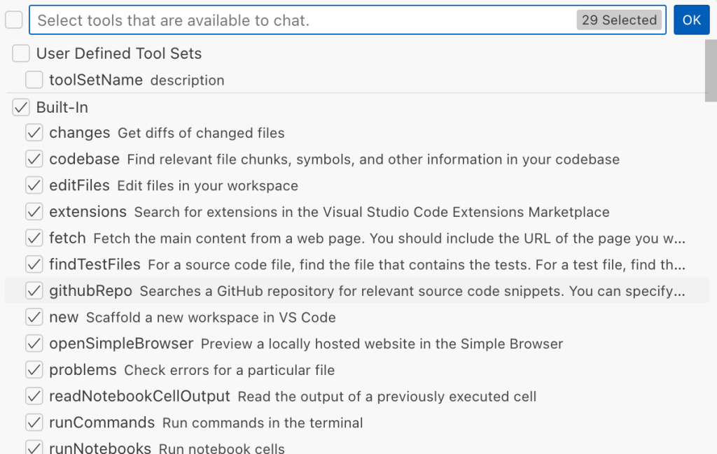 Copilot displays all available tools, including editFiles, fetch, findTestFiles, and many others.