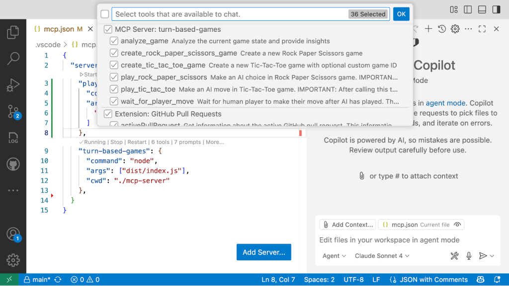 A screenshot of an MCP server configuration with the turn-based-game MCP server running. It shows a popup listing several tools from the MCP server including analyze_game, create_rock_paper_scissors_game, create_tic_tac_toe_game, play_rock_paper_scissor, play_tic_tac_toe and wait_for_player_move.