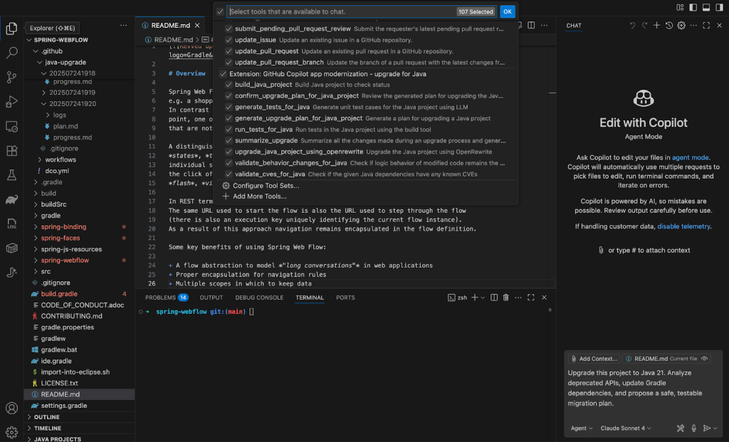 A Visual Studio Code window showing a Java project called ‘spring-webflow’. The file explorer is open on the left, displaying project files including build.gradle, settings.gradle, and a README.md. The main editor shows the README.md file with text describing Spring Web Flow. At the top, a Copilot agent mode tool selection dropdown is visible with options for upgrading Java projects. On the right sidebar, the Copilot Agent Mode panel is open, explaining how Copilot can edit files, run commands, and handle context.