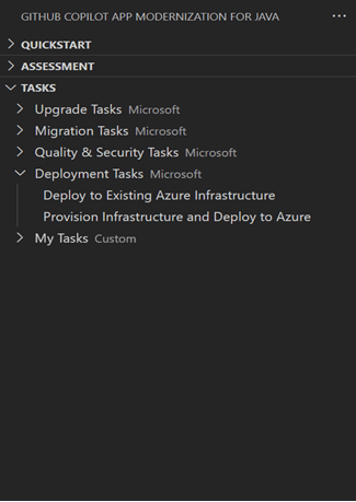 Visual Studio Code sidebar showing the GitHub Copilot App Modernization for Java panel. Under ‘Tasks’, sections include Upgrade Tasks, Migration Tasks, Quality & Security Tasks, Deployment Tasks, and My Tasks. The Deployment Tasks section is expanded, showing options to deploy to existing Azure infrastructure or provision infrastructure and deploy to Azure.