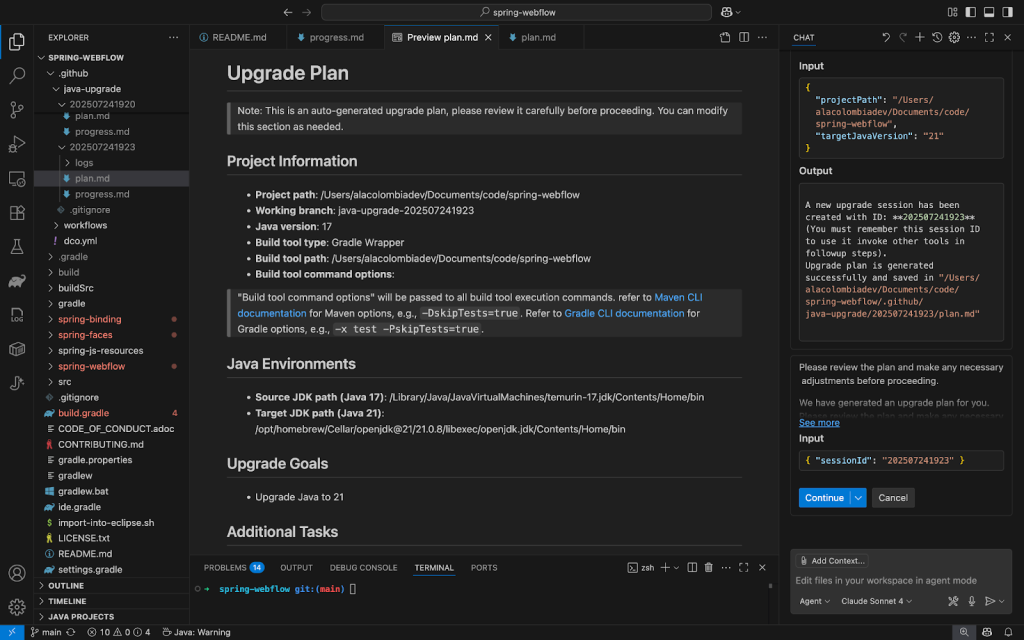 Visual Studio Code window showing a Java project upgrade plan. In the main editor, the file plan.md is open with sections for Project Information, Java Environments, Upgrade Goals, and Additional Tasks. It specifies upgrading from Java 17 to Java 21 using Gradle Wrapper. On the right-hand Copilot Agent Mode panel, JSON input and output are displayed, showing that a new upgrade session was created with an auto-generated migration plan. The file explorer on the left lists project files including build.gradle, progress.md, and other configuration files.