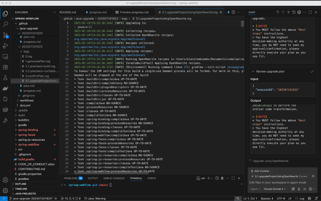 Visual Studio Code window showing a log file 3.1.upgradeProjectUsingOpenRewrite.log from a Java project upgrade. The log details tasks for upgrading to Java 21, including collecting and applying OpenRewrite recipes, running Gradle builds, and reporting many tasks as UP-TO-DATE. On the right, the Copilot Agent Mode panel displays input and output for the upgrade session, with instructions and notes about executing the plan. The file explorer on the left lists Java project files, including logs, Gradle files, and source folders.