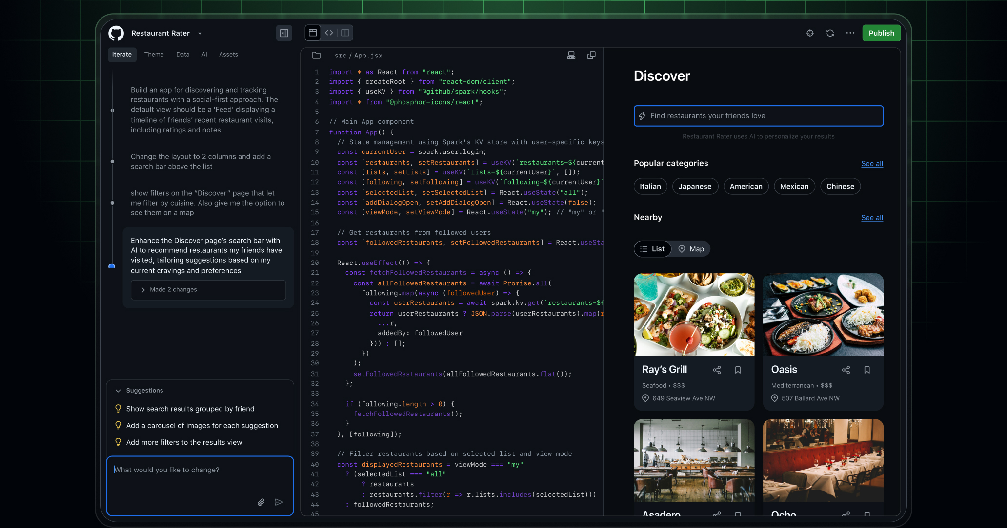 Image of app building interface of GitHub Spark