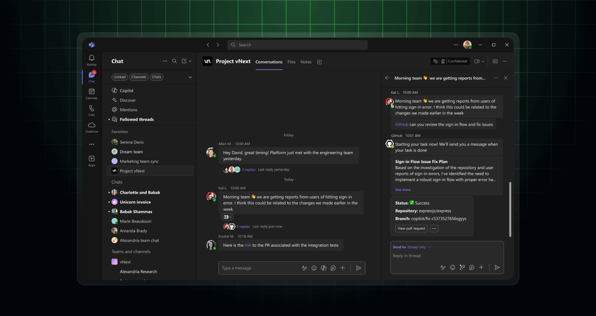 Screenshot of user working on a bug using the GitHub app for Microsoft Teams