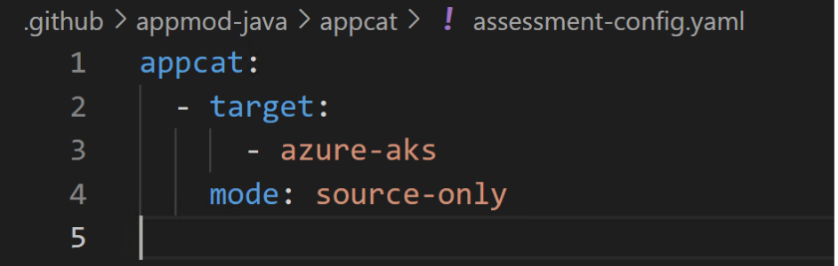 Visual Studio Code editor showing a YAML configuration file named assessment-config.yaml. The file defines appcat with a target set to azure-aks and mode set to source-only.