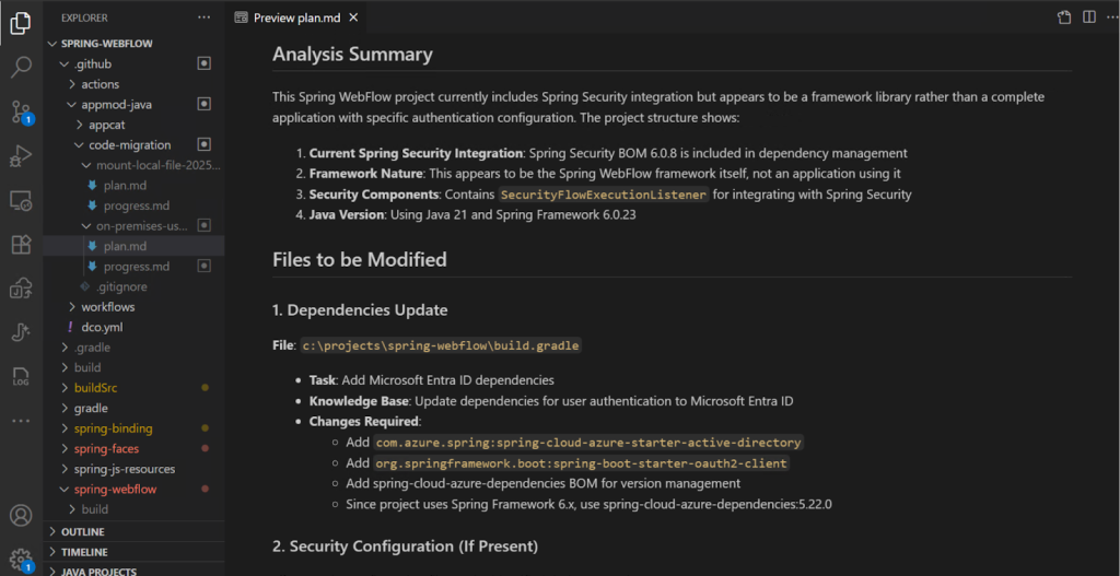 Visual Studio Code editor showing a plan.md file under code-migration. The file contains an analysis summary for a Spring WebFlow project with Spring Security integration. It notes use of Spring Security BOM 6.0.8, framework nature, SecurityFlowExecutionListener component, Java 21, and Spring Framework 6.0.23. The ‘Files to be Modified’ section highlights dependency updates in build.gradle, requiring Microsoft Entra ID dependencies. Changes include adding spring-cloud-azure-starter-active-directory, spring-boot-starter-oauth2-client, and updating the BOM for Spring Cloud Azure dependencies.