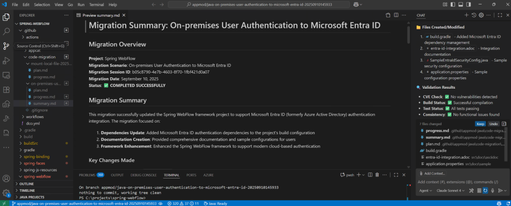 Visual Studio Code editor showing a summary.md file titled ‘Migration Summary: On-premises User Authentication to Microsoft Entra ID’. The overview lists project details, migration scenario, session ID, date (September 10, 2025), and a status of ‘Completed Successfully’. The summary describes dependency updates, documentation creation, and framework enhancement for Spring WebFlow. On the right, the panel shows files created/modified (build.gradle, entra-id-integration.adoc, SampleEntraIdSecurityConfig.java, and application.properties) along with validation results confirming no vulnerabilities, successful build, and all tests passing.