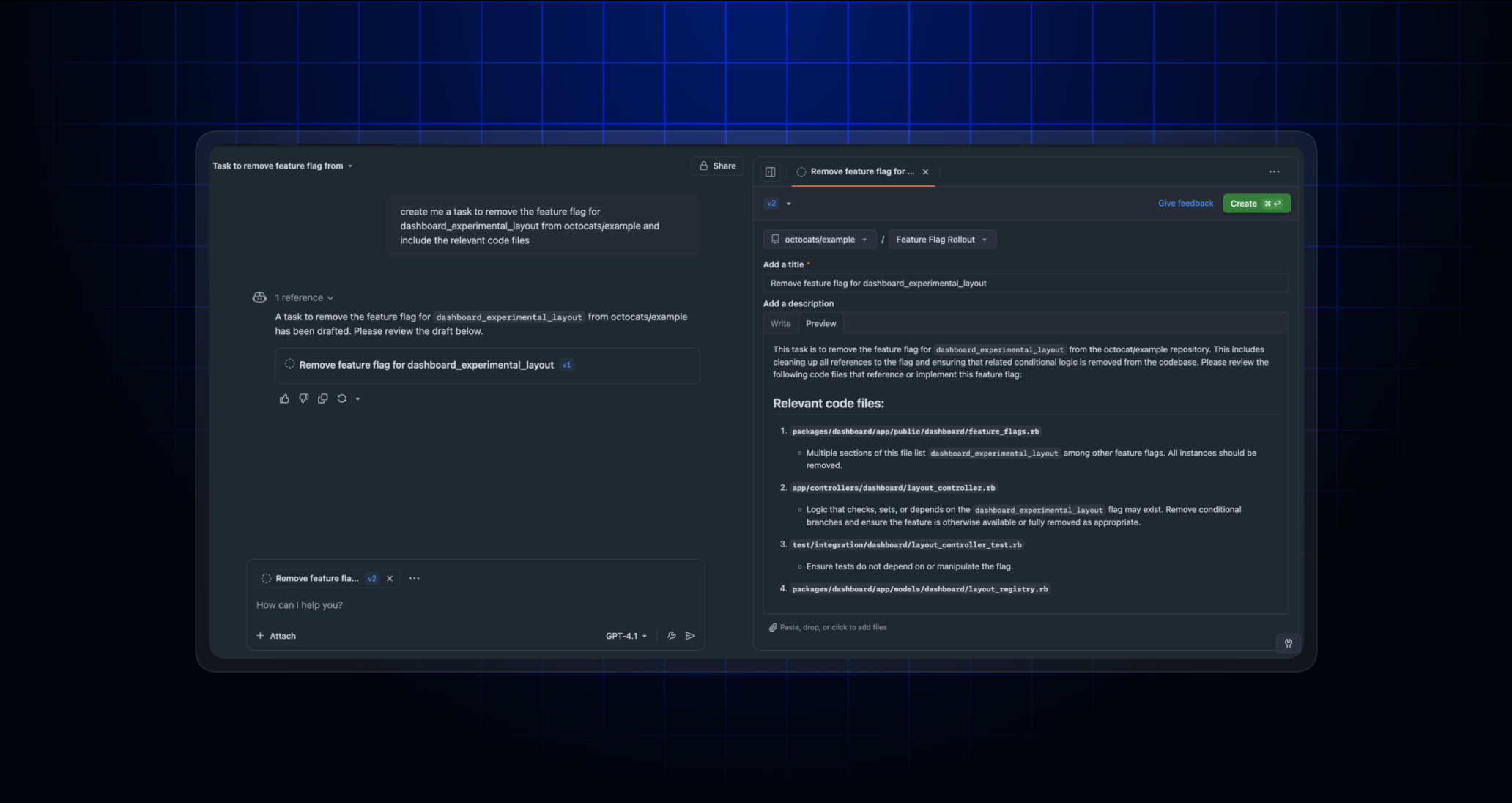 Copilot creating an issue with code snippets