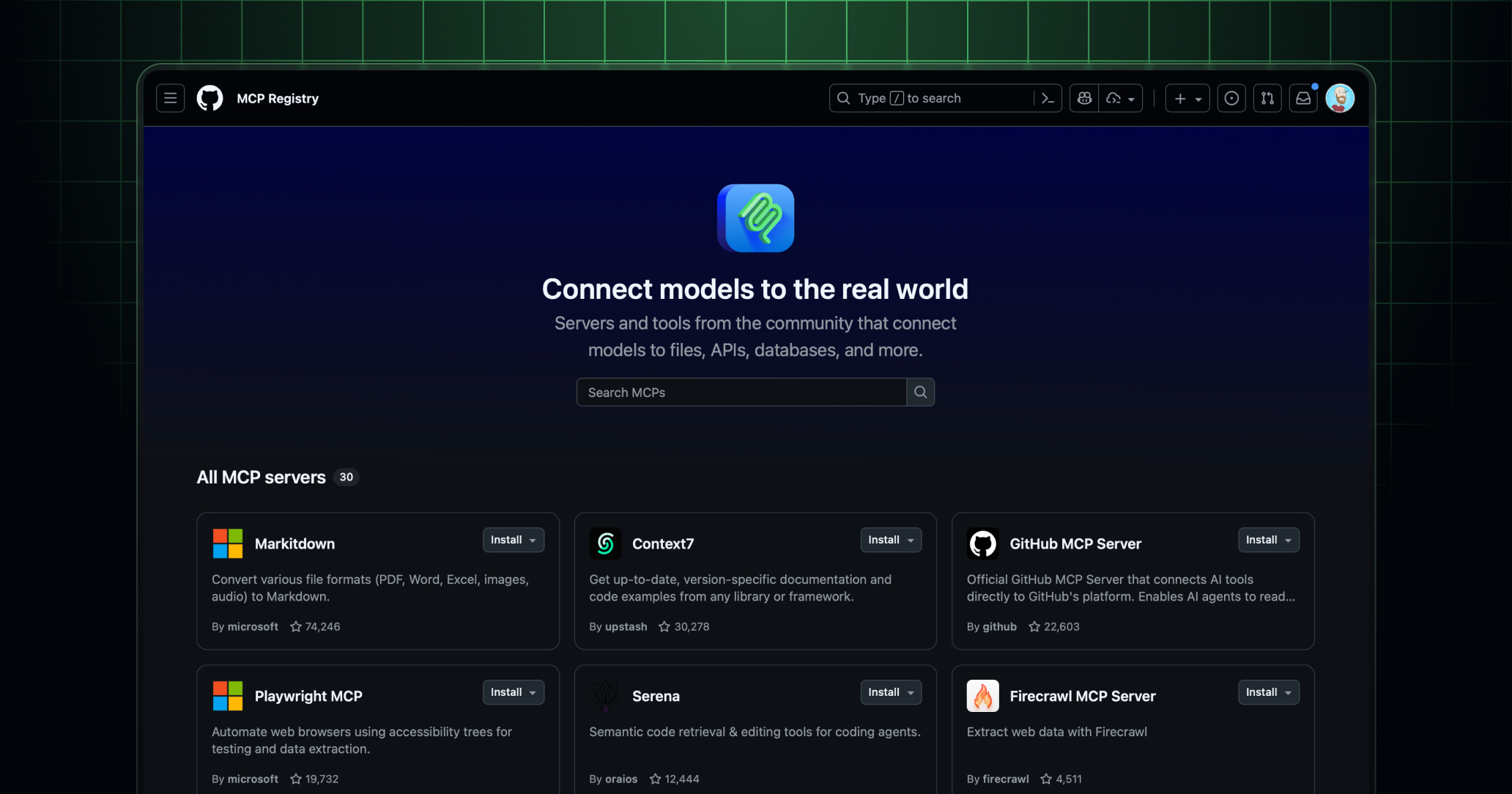 Screenshot of the GitHub MCP Registry.