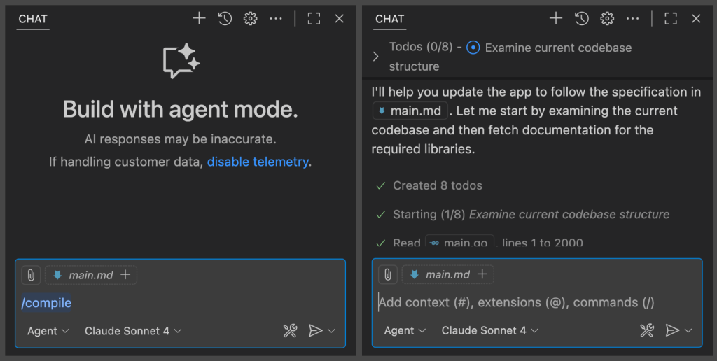 Screenshot showing the use of the / command in GitHub Copilot for VS Code to invoke the AI coding agent prompt.
