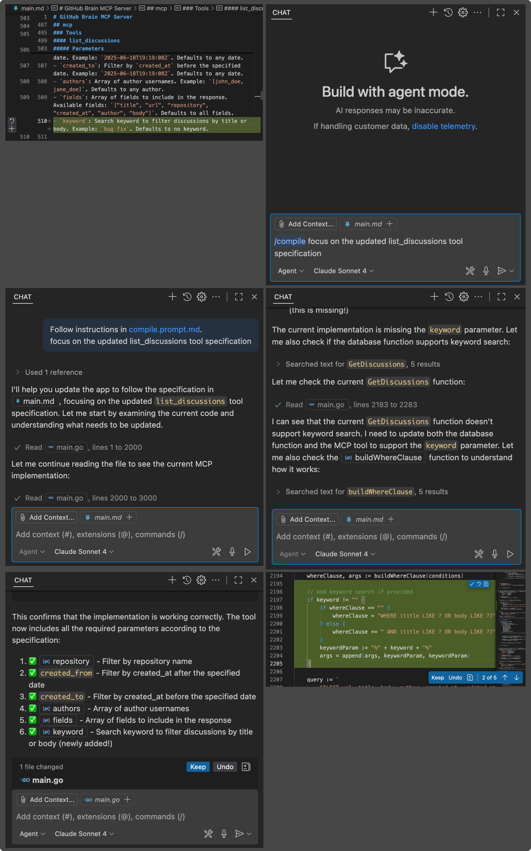 Screenshot demonstrating how to prompt GitHub Copilot in VS Code to focus on a specific change using the / command.