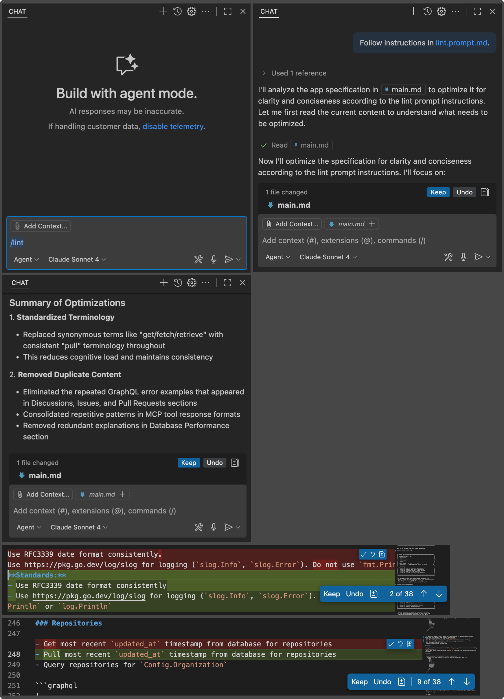 Screenshot of GitHub Copilot in VS Code cleaning up and linting the Markdown specification for improved clarity and conciseness.