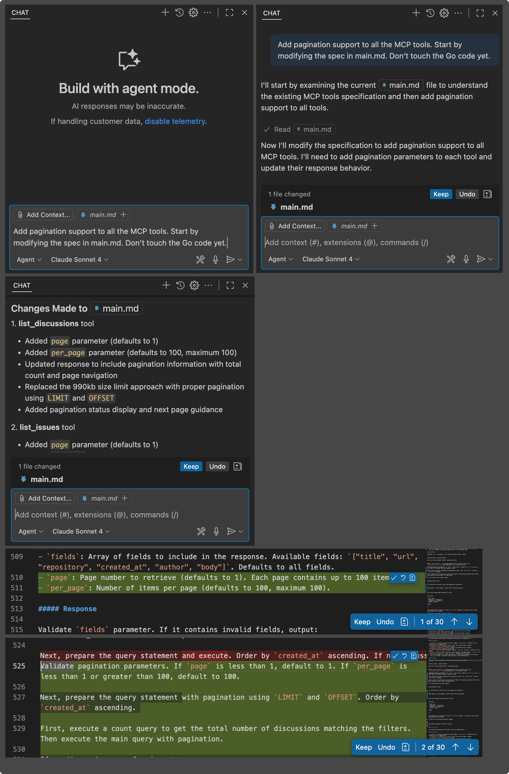 Screenshot showing GitHub Copilot in VS Code recommending pagination style and parameter names for MCP tools in the Markdown specification.