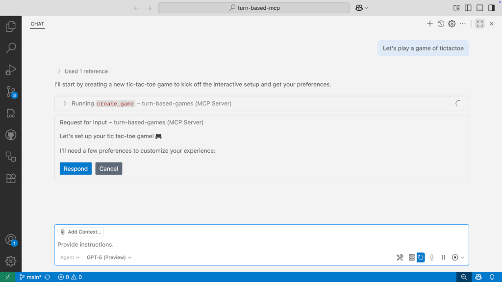 A screenshot of GitHub Copilot Chat in Visual Studio Code where the user has asked "Let's play a game of tictactoe". Copilot has triggered the elicitation experience, requesting additional preferences to customize the experience.