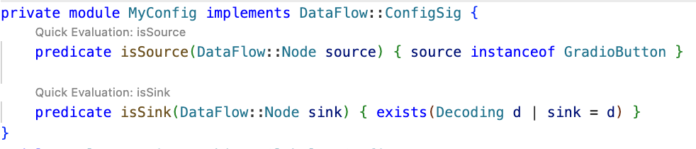 CodeQL taint tracking query, with `Quick Evaluation: isSource` button over the `isSource` predicate.