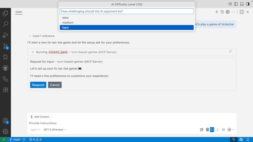 A screenshot of GitHub Copilot Chat in Visual Studio Code where a new UI modal appears, prompting the user for their preferences. This example shows the user selecting the Difficulty as hard.