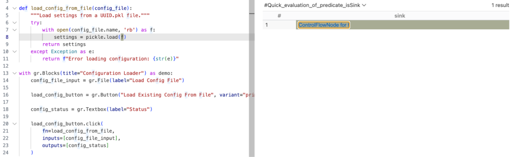 VS Code screenshot with one result from running the query