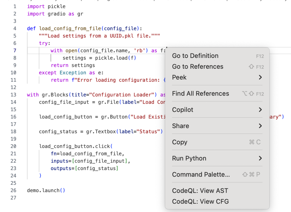 Highlighted `CodeQL: View AST` option in a dropdown menu after right-clicking