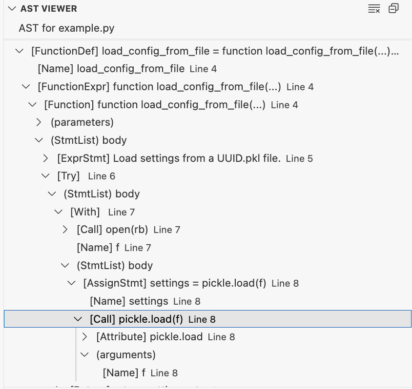 abstract syntax tree of the code with highlighted `[Call] pickle.load(f) line 8` node