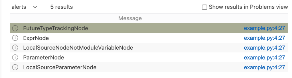 VS Code screenshot with five results from running the query
