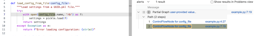 VS Code screenshot of a code path from def load_config_from_file(config_file) to config_file in open(config_file.name, 'rb') call