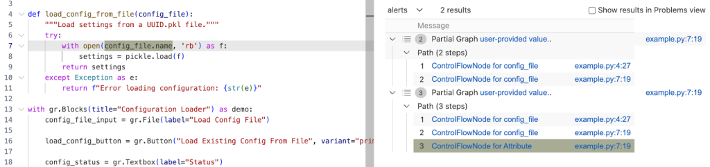 VS Code screenshot of a code path from `def load_config_from_file(config_file)` to `config_file.name` in `open(config_file.name, 'rb')` call
