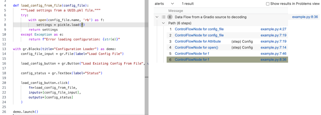 VS Code screenshot of a code path from `def load_config_from_file(config_file)` to `f` in `pickle.load(f)` sink