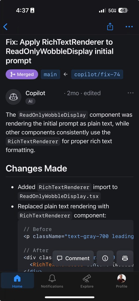 Copilot Coding Agent with a suggested fix for our issue.